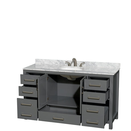 Sheffield 60 Inch Single Bathroom Vanity in Dark Gray White Carrara Marble Countertop Undermount Oval Sink and No Mirror