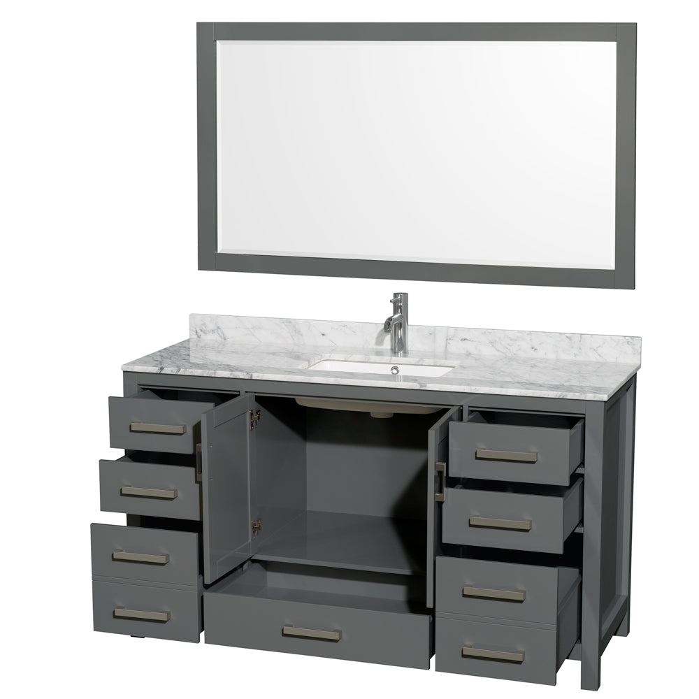 Sheffield 60 Inch Single Bathroom Vanity in Dark Gray White Carrara Marble Countertop Undermount Square Sink and 58 Inch Mirror