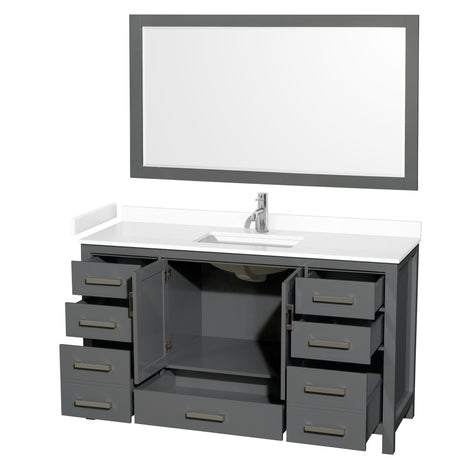 Sheffield 60 Inch Single Bathroom Vanity in Dark Gray White Cultured Marble Countertop Undermount Square Sink 58 Inch Mirror