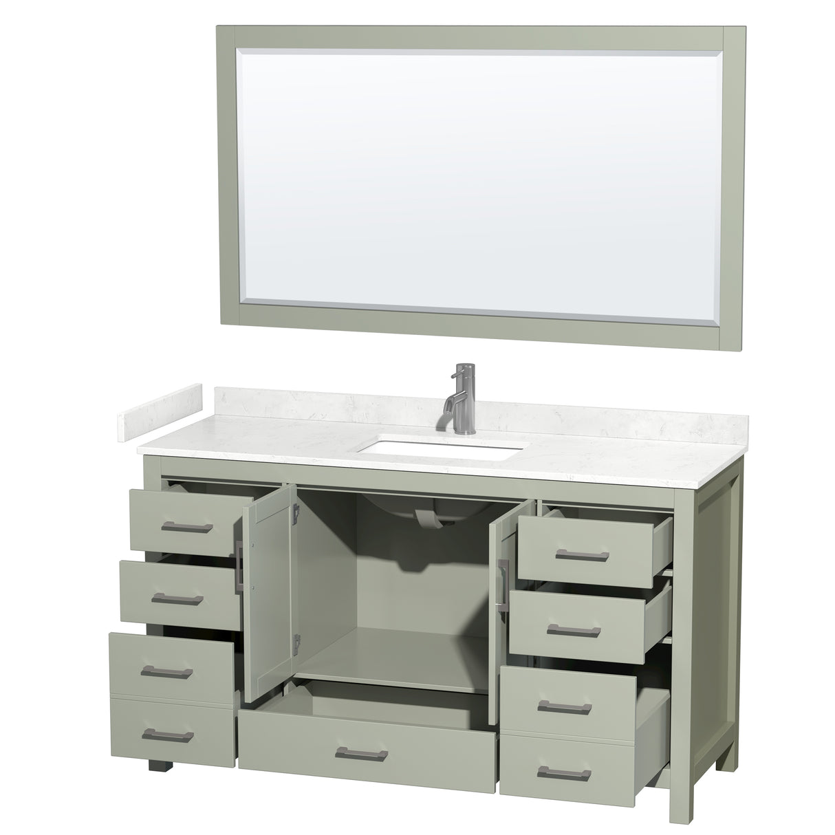 Sheffield 60 inch Single Bathroom Vanity in Light Green Carrara Cultured Marble Countertop Undermount Square Sink Brushed Nickel Trim 58 inch Mirror