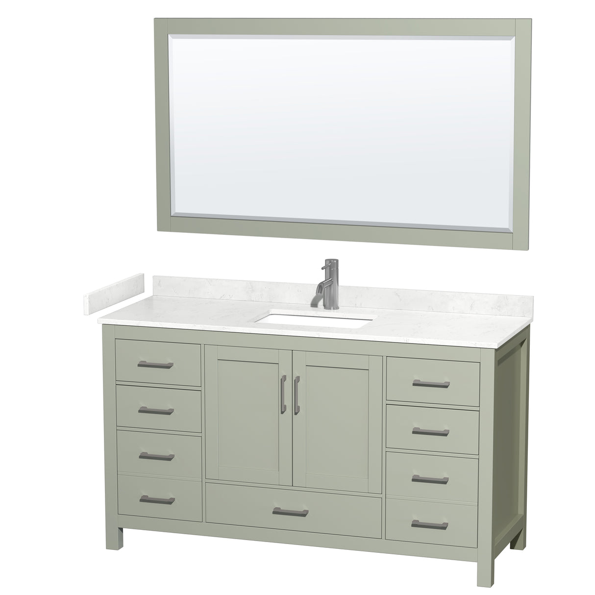 Sheffield 60 inch Single Bathroom Vanity in Light Green Carrara Cultured Marble Countertop Undermount Square Sink Brushed Nickel Trim 58 inch Mirror