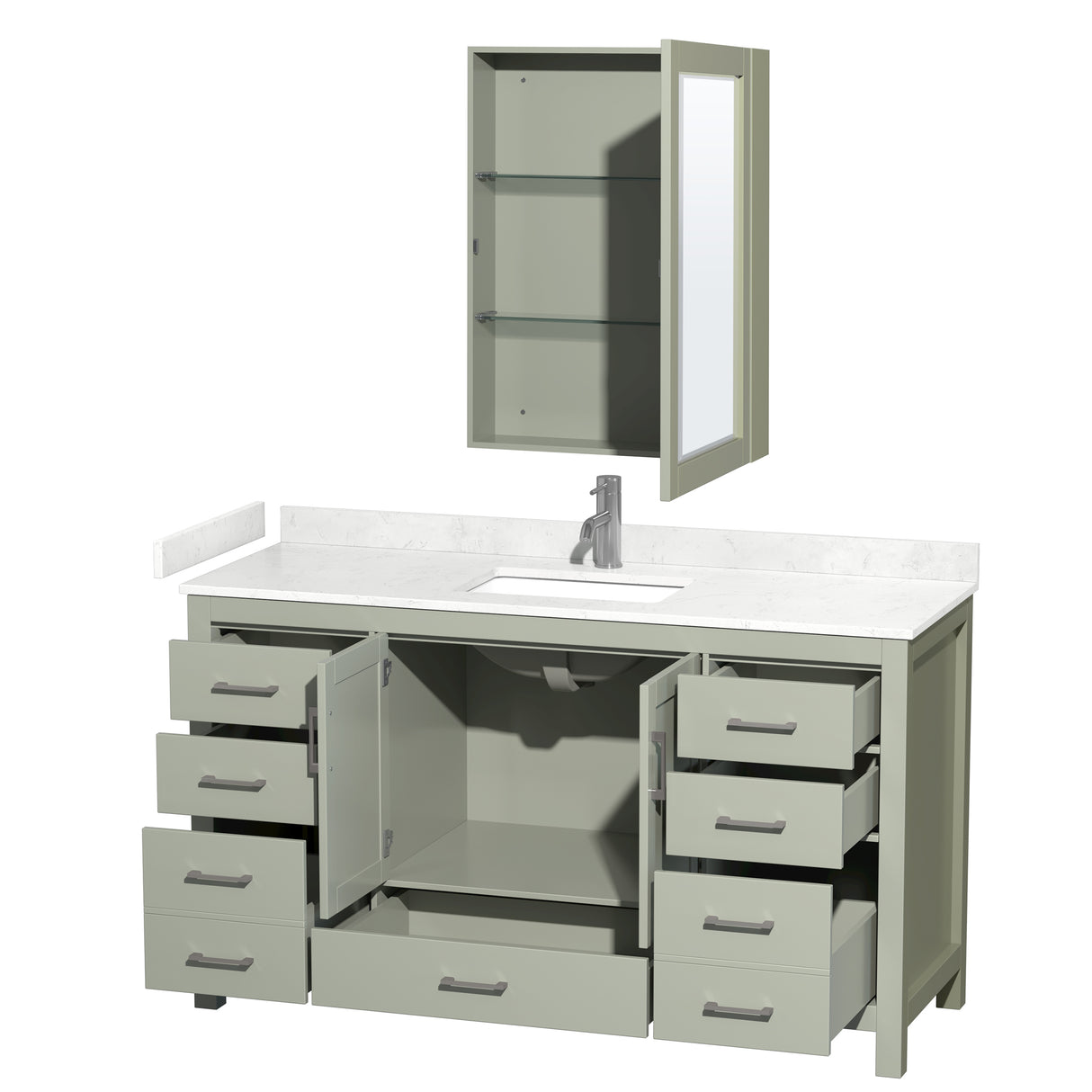 Sheffield 60 inch Single Bathroom Vanity in Light Green Carrara Cultured Marble Countertop Undermount Square Sink Brushed Nickel Trim Medicine Cabinet