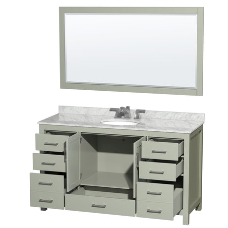 Sheffield 60 inch Single Bathroom Vanity in Light Green White Carrara Marble Countertop Undermount Oval Sink Brushed Nickel Trim 58 inch Mirror