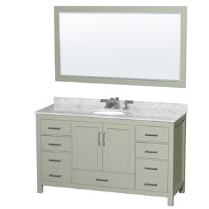 Sheffield 60 inch Single Bathroom Vanity in Light Green White Carrara Marble Countertop Undermount Oval Sink Brushed Nickel Trim 58 inch Mirror