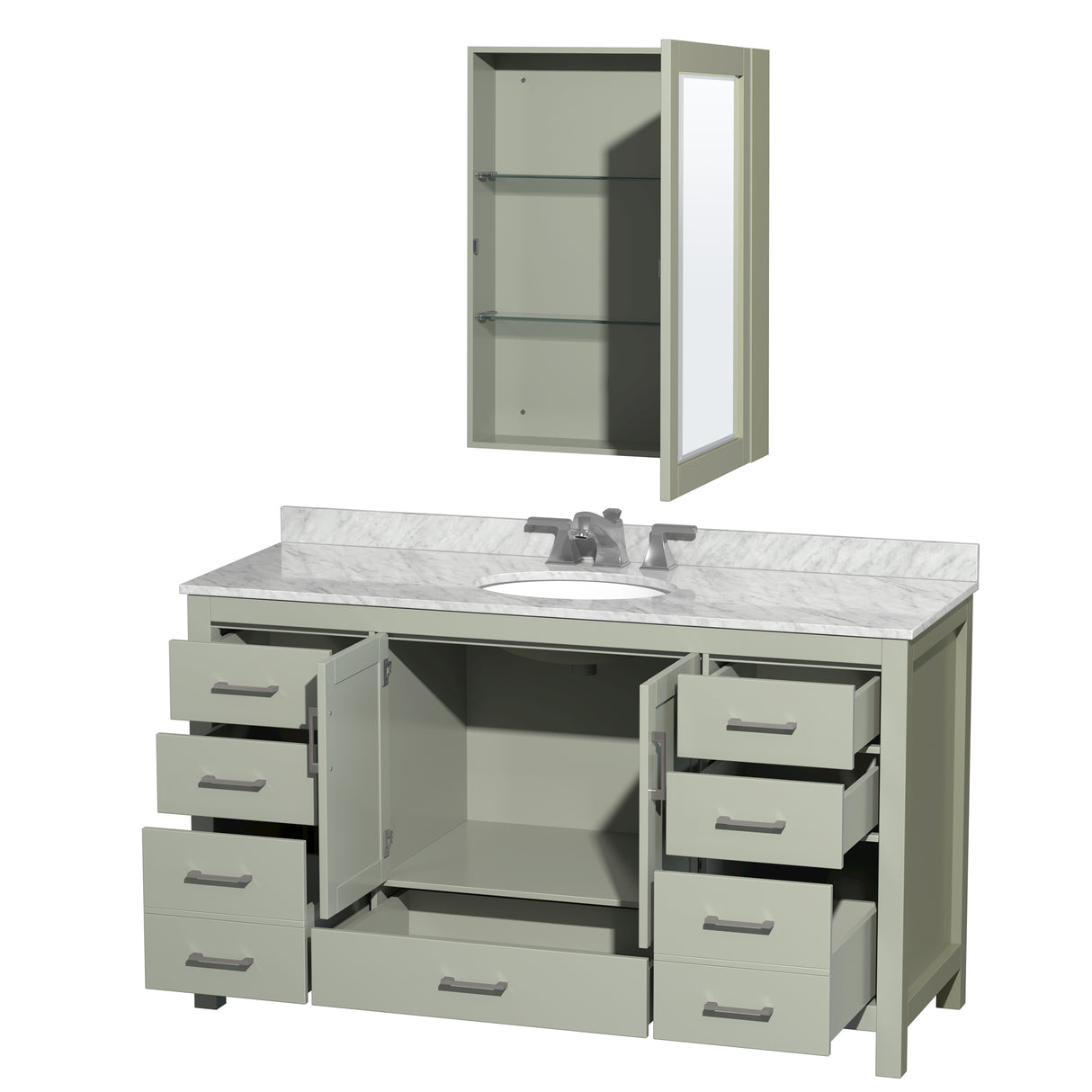 Sheffield 60 inch Single Bathroom Vanity in Light Green White Carrara Marble Countertop Undermount Oval Sink Brushed Nickel Trim Medicine Cabinet