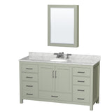 Sheffield 60 inch Single Bathroom Vanity in Light Green White Carrara Marble Countertop Undermount Oval Sink Brushed Nickel Trim Medicine Cabinet