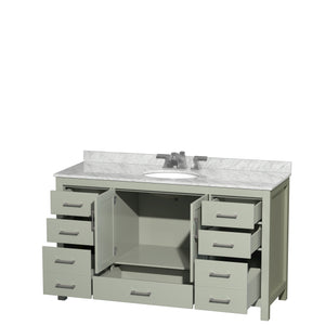 Sheffield 60 inch Single Bathroom Vanity in Light Green White Carrara Marble Countertop Undermount Oval Sink Brushed Nickel Trim