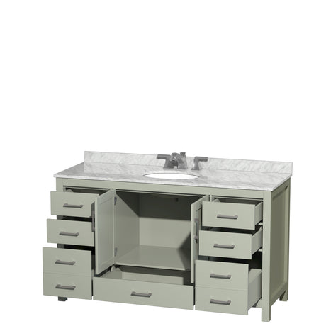 Sheffield 60 inch Single Bathroom Vanity in Light Green White Carrara Marble Countertop Undermount Oval Sink Brushed Nickel Trim