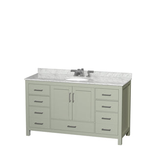 Sheffield 60 inch Single Bathroom Vanity in Light Green White Carrara Marble Countertop Undermount Oval Sink Brushed Nickel Trim