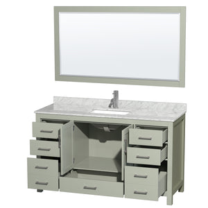 Sheffield 60 inch Single Bathroom Vanity in Light Green White Carrara Marble Countertop Undermount Square Sink Brushed Nickel Trim 58 inch Mirror