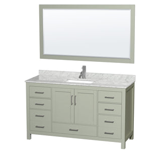 Sheffield 60 inch Single Bathroom Vanity in Light Green White Carrara Marble Countertop Undermount Square Sink Brushed Nickel Trim 58 inch Mirror