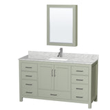 Sheffield 60 inch Single Bathroom Vanity in Light Green White Carrara Marble Countertop Undermount Square Sink Brushed Nickel Trim Medicine Cabinet