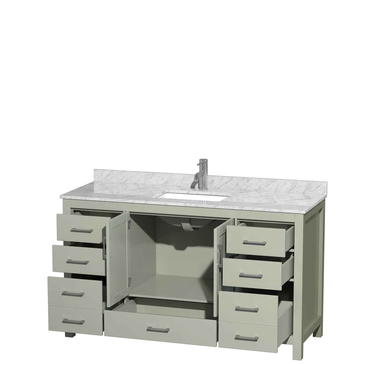 Sheffield 60 inch Single Bathroom Vanity in Light Green White Carrara Marble Countertop Undermount Square Sink Brushed Nickel Trim