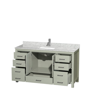 Sheffield 60 inch Single Bathroom Vanity in Light Green White Carrara Marble Countertop Undermount Square Sink Brushed Nickel Trim