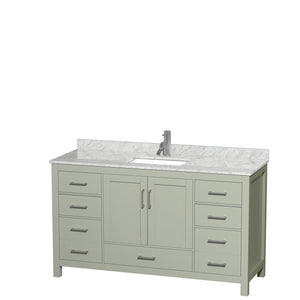 Sheffield 60 inch Single Bathroom Vanity in Light Green White Carrara Marble Countertop Undermount Square Sink Brushed Nickel Trim
