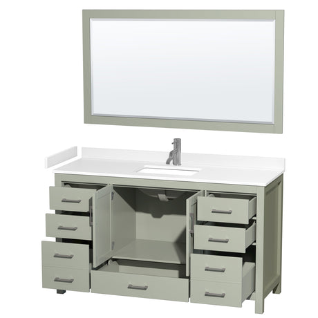 Sheffield 60 inch Single Bathroom Vanity in Light Green White Cultured Marble Countertop Undermount Square Sink Brushed Nickel Trim 58 inch Mirror