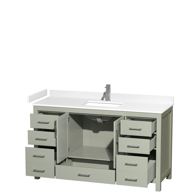 Sheffield 60 inch Single Bathroom Vanity in Light Green White Cultured Marble Countertop Undermount Square Sink Brushed Nickel Trim
