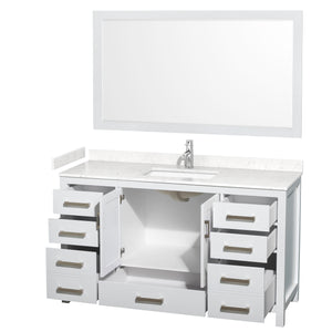 Sheffield 60 Inch Single Bathroom Vanity in White Carrara Cultured Marble Countertop Undermount Square Sink 58 Inch Mirror