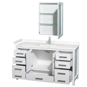 Sheffield 60 Inch Single Bathroom Vanity in White Carrara Cultured Marble Countertop Undermount Square Sink Medicine Cabinet