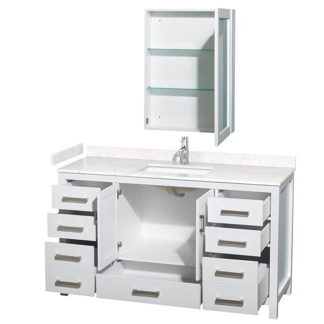 Sheffield 60 Inch Single Bathroom Vanity in White Carrara Cultured Marble Countertop Undermount Square Sink Medicine Cabinet