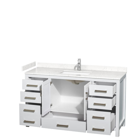 Sheffield 60 Inch Single Bathroom Vanity in White Carrara Cultured Marble Countertop Undermount Square Sink No Mirror