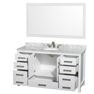 Sheffield 60 Inch Single Bathroom Vanity in White White Carrara Marble Countertop Undermount Oval Sink and 58 Inch Mirror