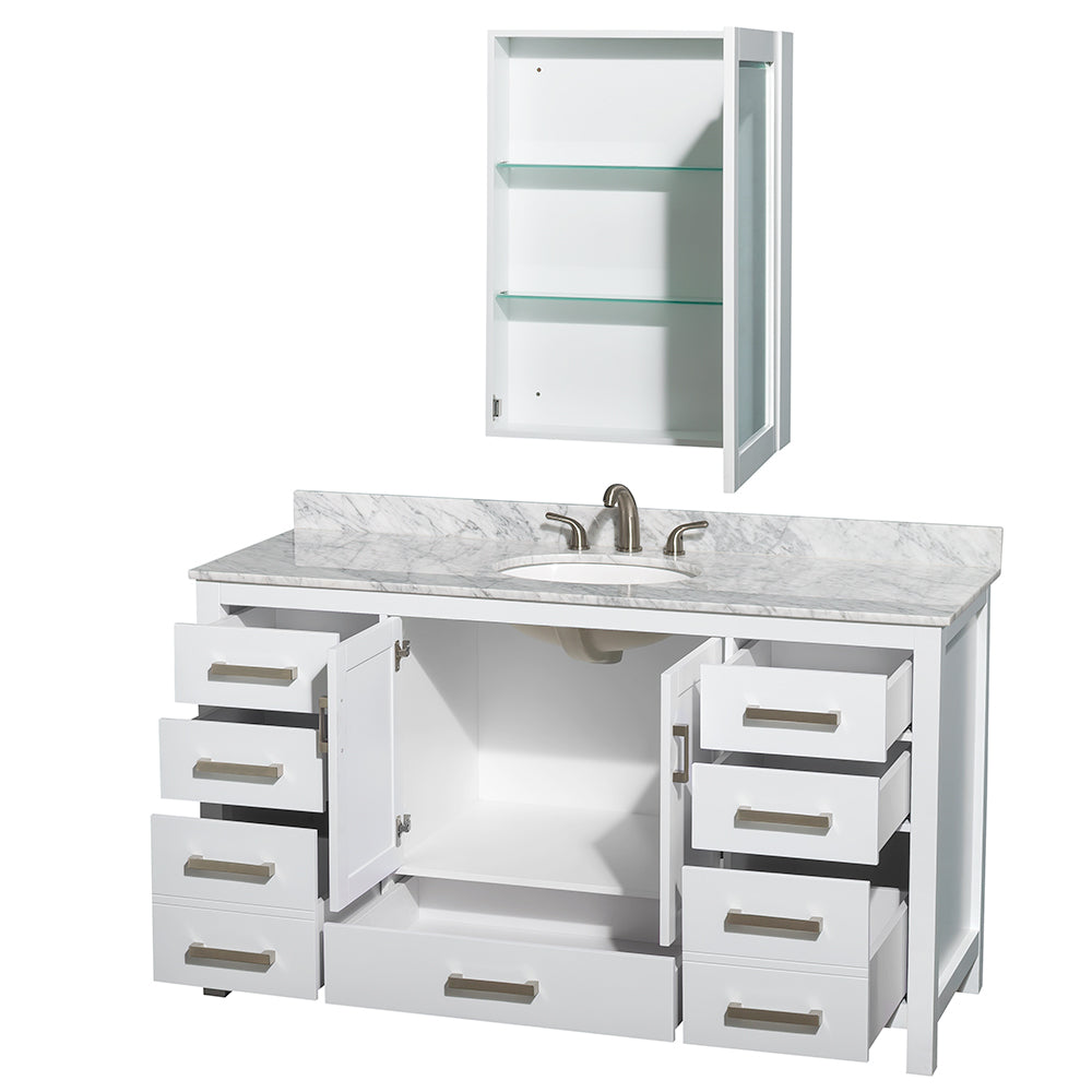 Sheffield 60 Inch Single Bathroom Vanity in White White Carrara Marble Countertop Undermount Oval Sink and Medicine Cabinet