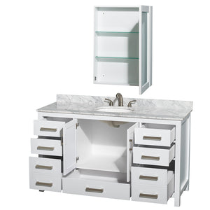 Sheffield 60 Inch Single Bathroom Vanity in White White Carrara Marble Countertop Undermount Oval Sink and Medicine Cabinet