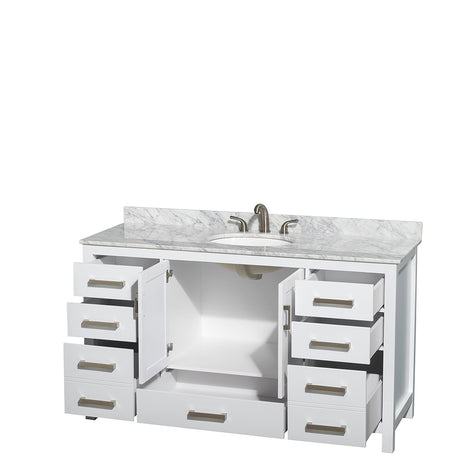Sheffield 60 Inch Single Bathroom Vanity in White White Carrara Marble Countertop Undermount Oval Sink and No Mirror