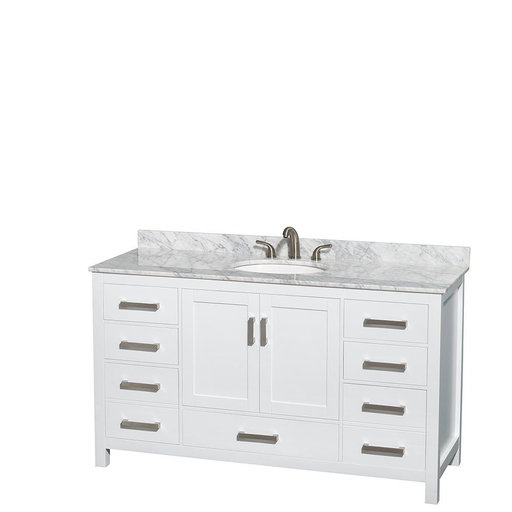 Sheffield 60 Inch Single Bathroom Vanity in White White Carrara Marble Countertop Undermount Oval Sink and Medicine Cabinet