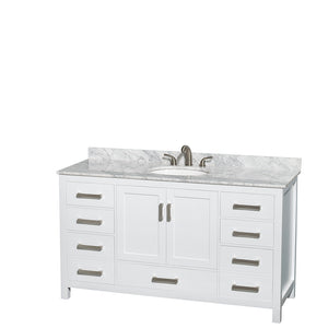 Sheffield 60 Inch Single Bathroom Vanity in White White Carrara Marble Countertop Undermount Oval Sink and Medicine Cabinet