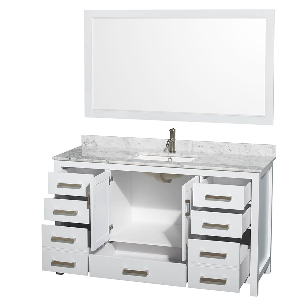 Sheffield 60 Inch Single Bathroom Vanity in White White Carrara Marble Countertop Undermount Square Sink and 58 Inch Mirror