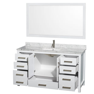 Sheffield 60 Inch Single Bathroom Vanity in White White Carrara Marble Countertop Undermount Square Sink and 58 Inch Mirror