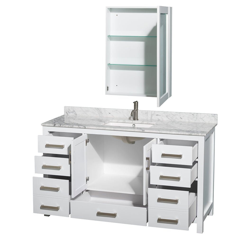 Sheffield 60 Inch Single Bathroom Vanity in White White Carrara Marble Countertop Undermount Square Sink and Medicine Cabinet