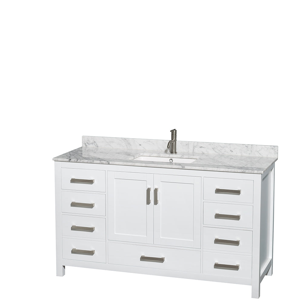 Sheffield 60 Inch Single Bathroom Vanity in White White Carrara Marble Countertop Undermount Square Sink and 58 Inch Mirror