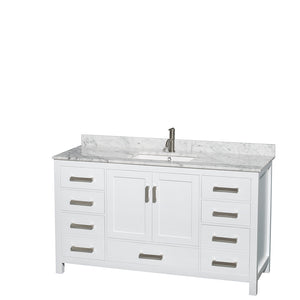 Sheffield 60 Inch Single Bathroom Vanity in White White Carrara Marble Countertop Undermount Square Sink and 58 Inch Mirror