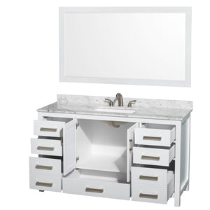 Sheffield 60 Inch Single Bathroom Vanity in White White Carrara Marble Countertop Undermount 3-Hole Square Sink 58 Inch Mirror