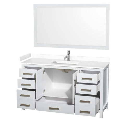 Sheffield 60 Inch Single Bathroom Vanity in White White Cultured Marble Countertop Undermount Square Sink 58 Inch Mirror