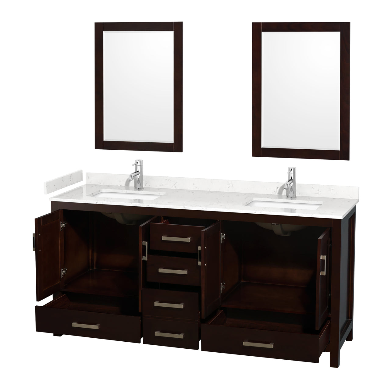 Sheffield 72 Inch Double Bathroom Vanity in Espresso Carrara Cultured Marble Countertop Undermount Square Sinks 24 Inch Mirrors