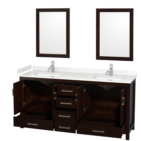 Sheffield 72 Inch Double Bathroom Vanity in Espresso Carrara Cultured Marble Countertop Undermount Square Sinks 24 Inch Mirrors
