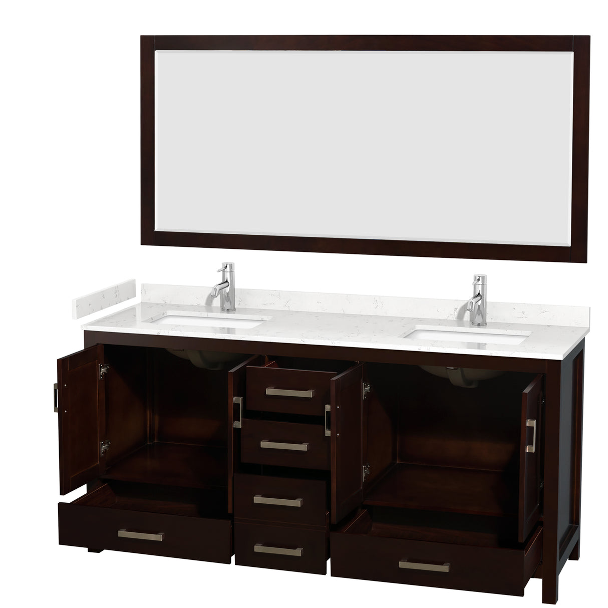 Sheffield 72 Inch Double Bathroom Vanity in Espresso Carrara Cultured Marble Countertop Undermount Square Sinks 70 Inch Mirror