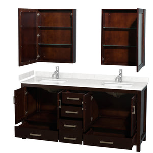 Sheffield 72 Inch Double Bathroom Vanity in Espresso Carrara Cultured Marble Countertop Undermount Square Sinks Medicine Cabinets