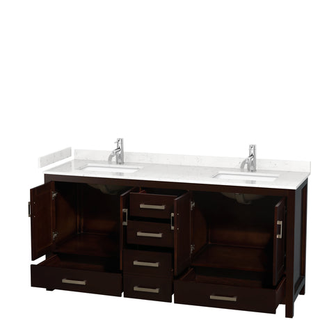 Sheffield 72 Inch Double Bathroom Vanity in Espresso Carrara Cultured Marble Countertop Undermount Square Sinks No Mirror