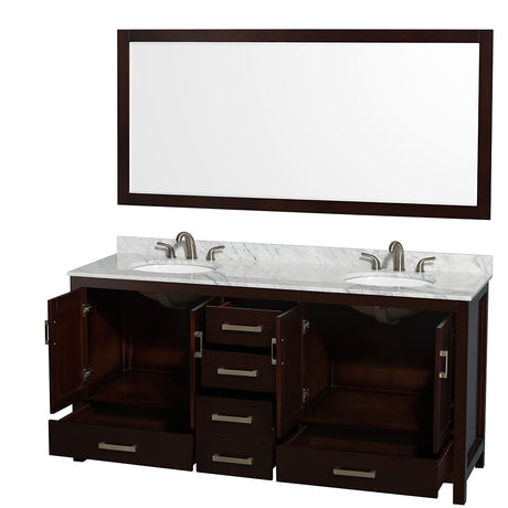 Sheffield 72 Inch Double Bathroom Vanity in Espresso White Carrara Marble Countertop Undermount Oval Sinks and 70 Inch Mirror