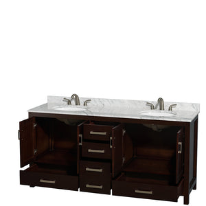 Sheffield 72 Inch Double Bathroom Vanity in Espresso White Carrara Marble Countertop Undermount Oval Sinks and No Mirror