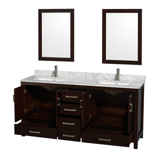 Sheffield 72 Inch Double Bathroom Vanity in Espresso White Carrara Marble Countertop Undermount Square Sinks and 24 Inch Mirrors