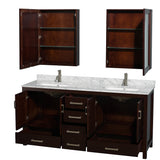 Sheffield 72 Inch Double Bathroom Vanity in Espresso White Carrara Marble Countertop Undermount Square Sinks and Medicine Cabinets