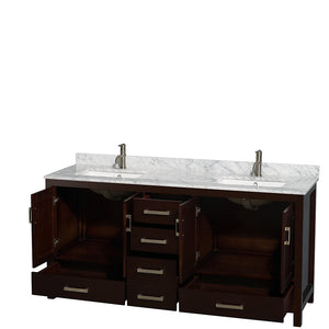 Sheffield 72 Inch Double Bathroom Vanity in Espresso White Carrara Marble Countertop Undermount Square Sinks and No Mirror