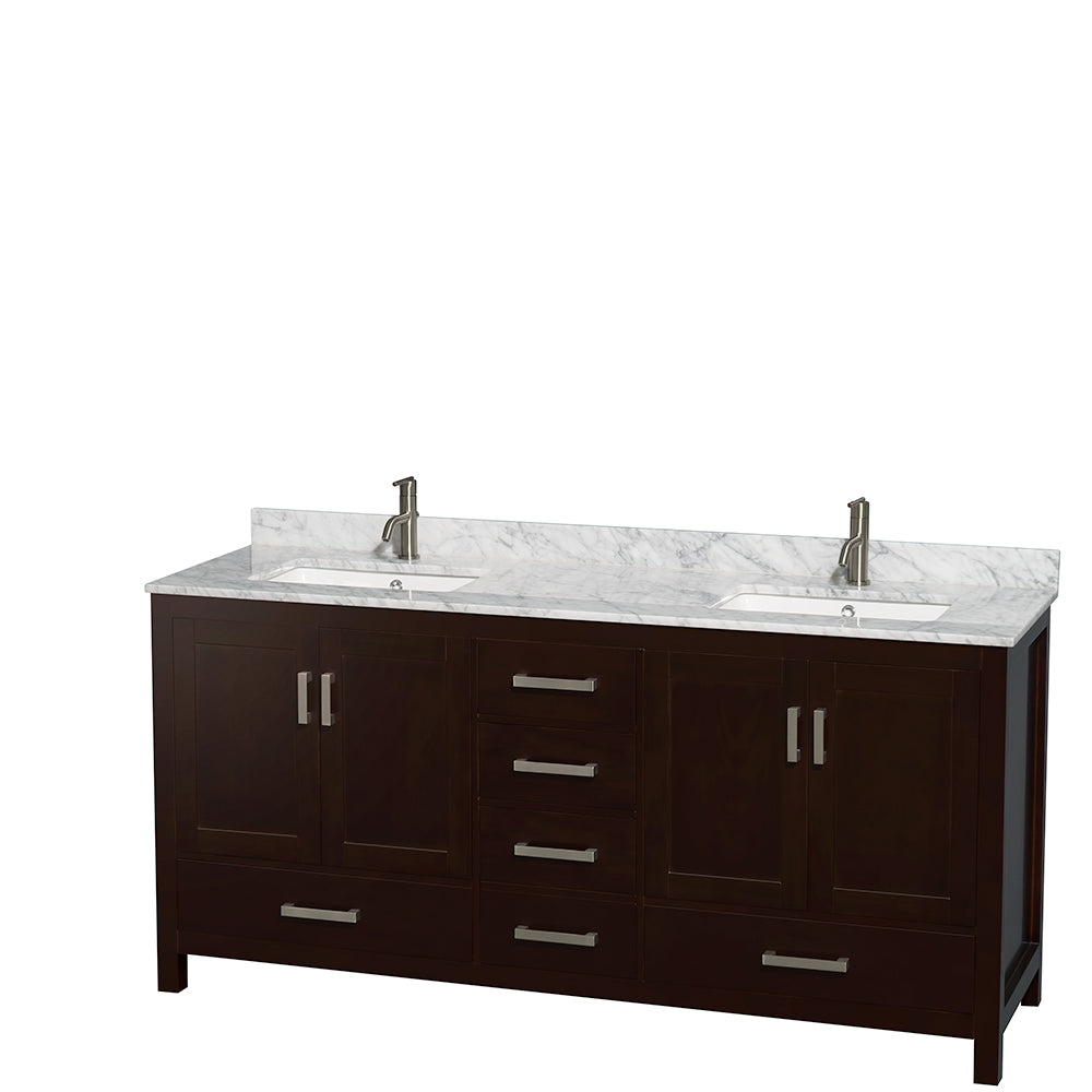 Sheffield 72 Inch Double Bathroom Vanity in Espresso White Carrara Marble Countertop Undermount Square Sinks and 24 Inch Mirrors