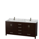 Sheffield 72 Inch Double Bathroom Vanity in Espresso White Carrara Marble Countertop Undermount Square Sinks and 24 Inch Mirrors